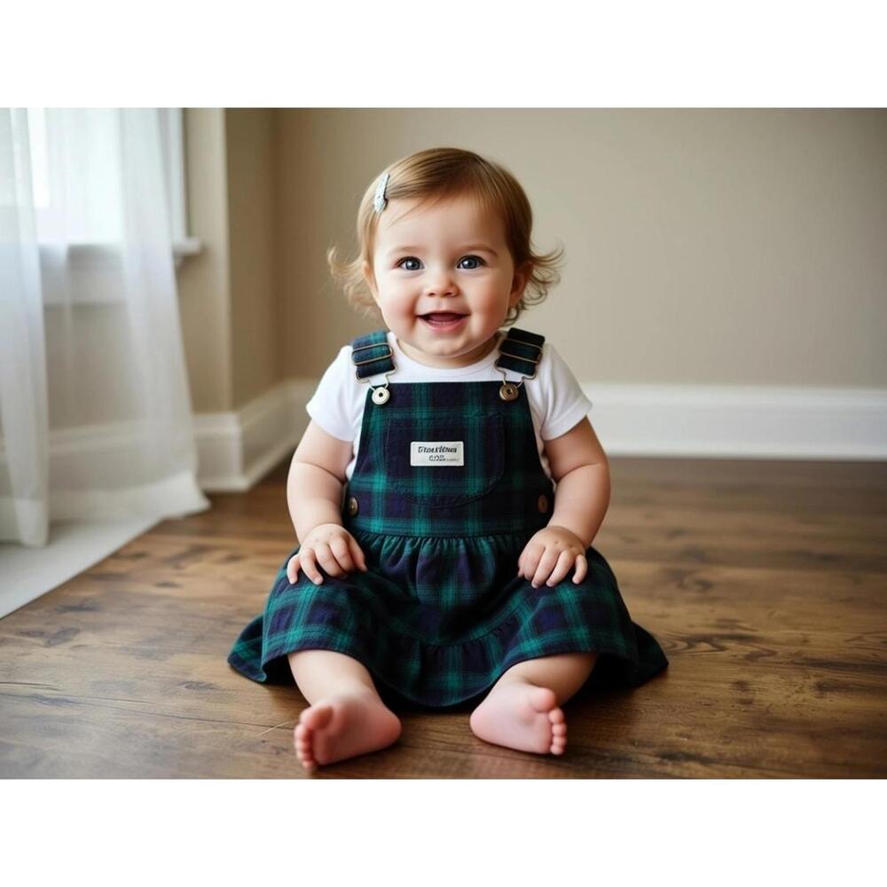 Baby Girl 12 Mo Oshkosh Overall Plaid Dress Navy Green 100% Cotton